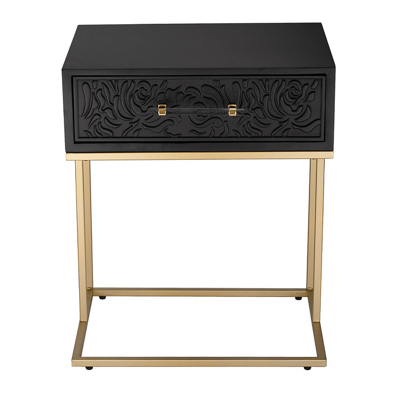 Приставной столик с резным узором на выдвижном ящике Black Table Carved Pattern Черный Золотой в Орле | Loft Concept 