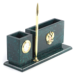 Настольный письменный набор с гербом России и часами из природного камня змеевик Successful Leader варинант исполнения - 2 | Loft Concept в Орле