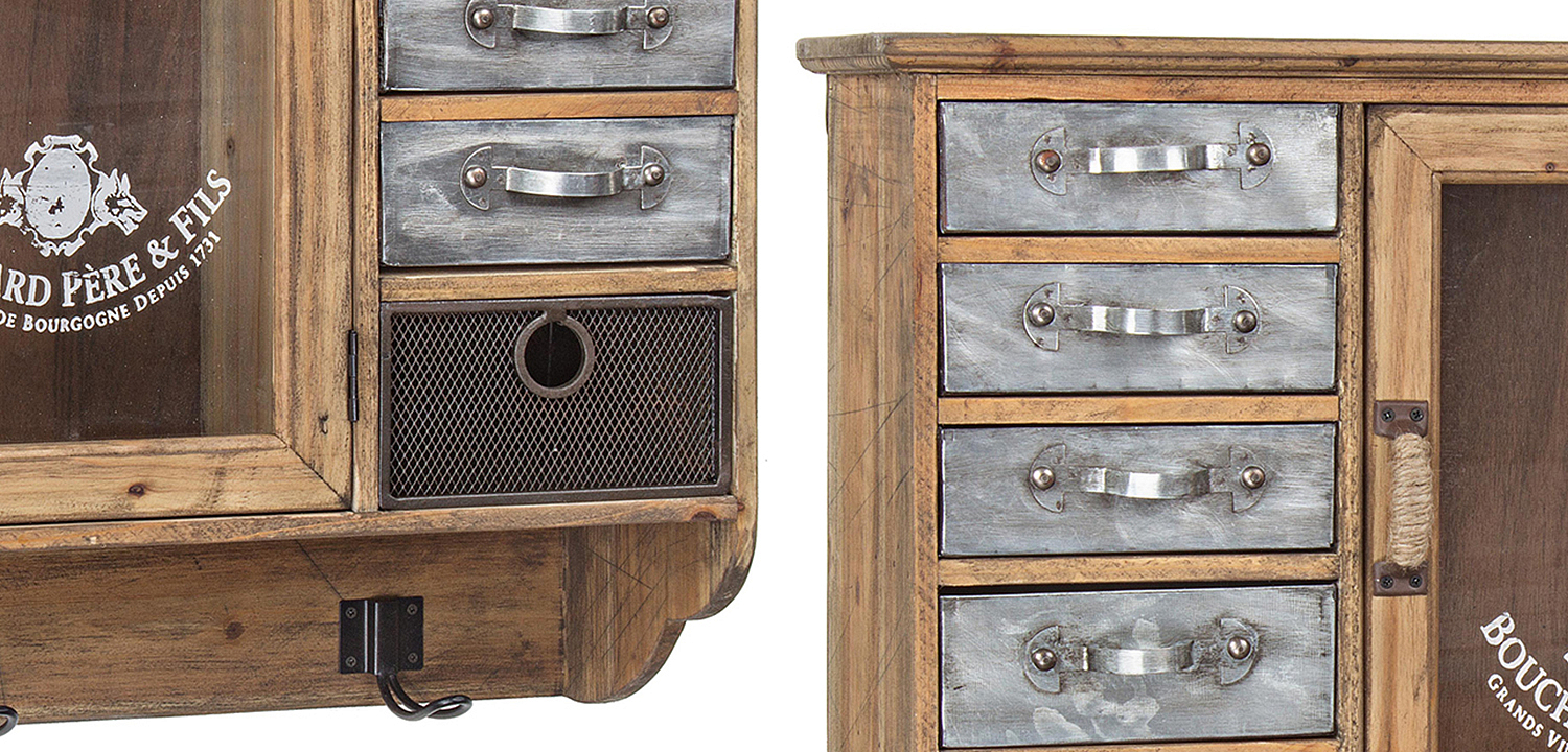 Полка в винтажном стиле с витриной и металлическими выдвижными ящиками Vintage Wood Shelf Полка в винтажном стиле с витриной и металлическими выдвижными ящиками Vintage Wood Shelf - Loft-Concept в Орле
