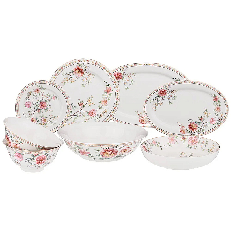 Сервиз обеденный из фарфора 23 предмета Flower Porcelain Collection Белый Красный Зеленый Сервиз обеденный из фарфора 23 предмета Flower Porcelain Collection Белый Красный Зеленый в Орле | Loft Concept