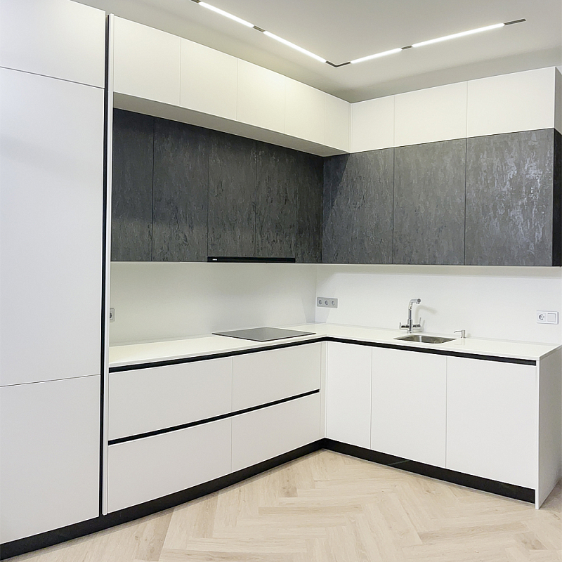 Угловой кухонный гарнитур Жемчужный белый Серый Clarke Kitchen Set White Grey Белый Темно-серый Угловой кухонный гарнитур Жемчужный белый Серый Clarke Kitchen Set White Grey Белый Темно-серый в Орле | Loft Concept