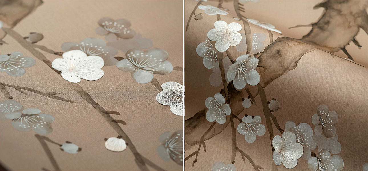 Обои ручная роспись Plum Blossom Colourway SC-232 on Lead Grey dyed silk Обои ручная роспись Plum Blossom Colourway SC-232 on Lead Grey dyed silk - Loft-Concept в Орле