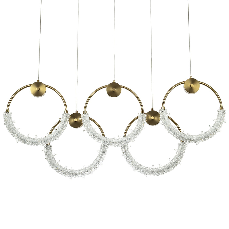Линейная люстра с плафонами в виде пяти колец Five Rings Gilbertine Linear Chandelier Латунь Прозрачный Линейная люстра с плафонами в виде пяти колец Five Rings Gilbertine Linear Chandelier Латунь Прозрачный в Орле | Loft Concept