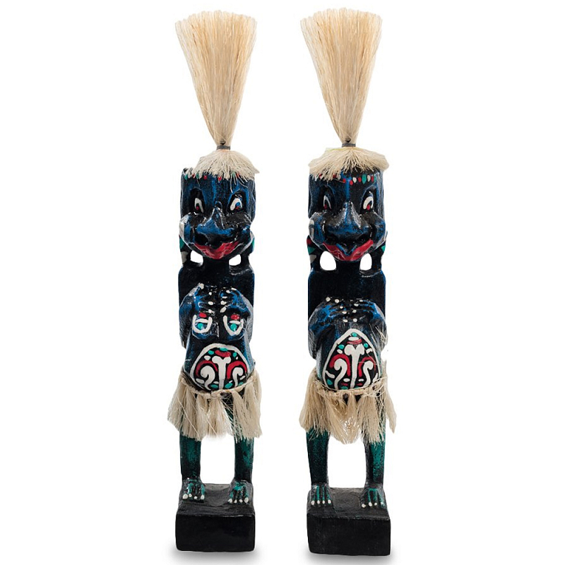 Комплект из 2-х деревянных статуэток Asmat Straw Headdress Statuettes Blue Red Черный Синий Красный Бежевый Мульти Комплект из 2-х деревянных статуэток Asmat Straw Headdress Statuettes Blue Red Черный Синий Красный Бежевый Мульти в Орле | Loft Concept