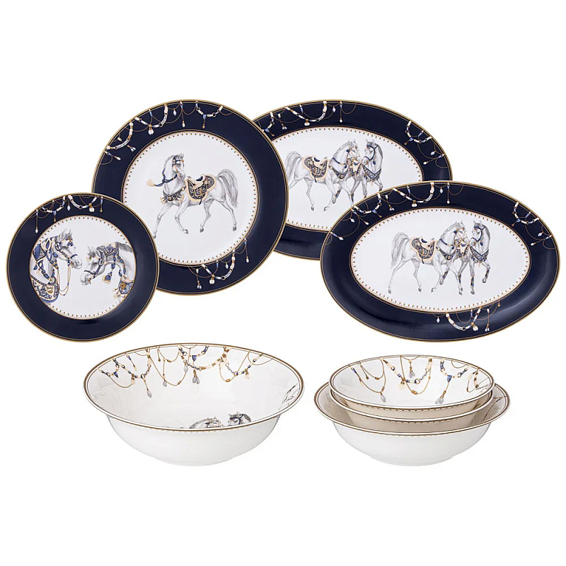 Сервиз обеденный из фарфора с изображением лошадей на 6 персон 23 предмета Porcelain Horse Set Белый Синий Сервиз обеденный из фарфора с изображением лошадей на 6 персон 23 предмета Porcelain Horse Set Белый Синий в Орле | Loft Concept