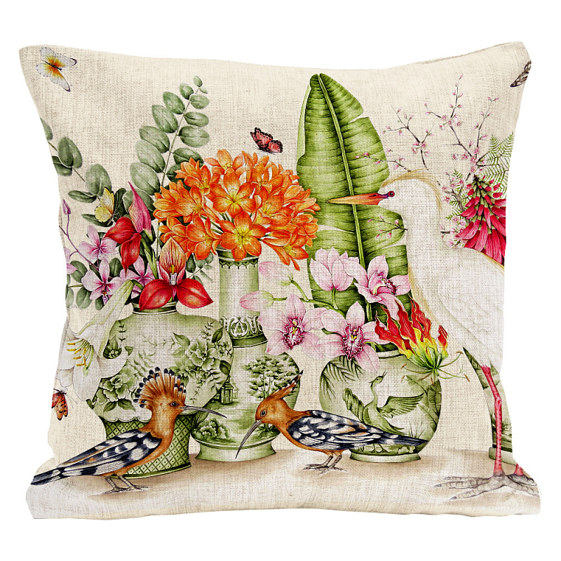 Декоративная подушка Hoopoes and Flowers Pillow Мульти Бежевый Декоративная подушка Hoopoes and Flowers Pillow Мульти Бежевый в Орле | Loft Concept