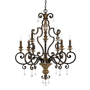 Люстра с подвесками из прозрачного стекла на кованом каркасе бронзового цвета в классическом стиле Quoizel