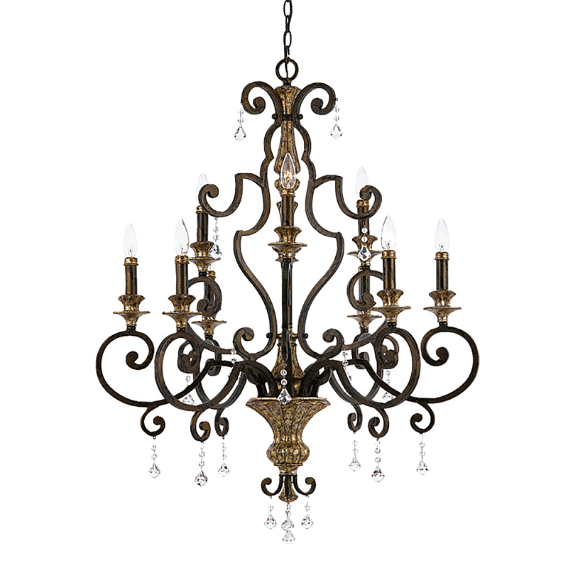 Люстра с подвесками из прозрачного стекла на кованом каркасе бронзового цвета в классическом стиле Quoizel Бронза Прозрачное Стекло Золотой в Орле | Loft Concept 