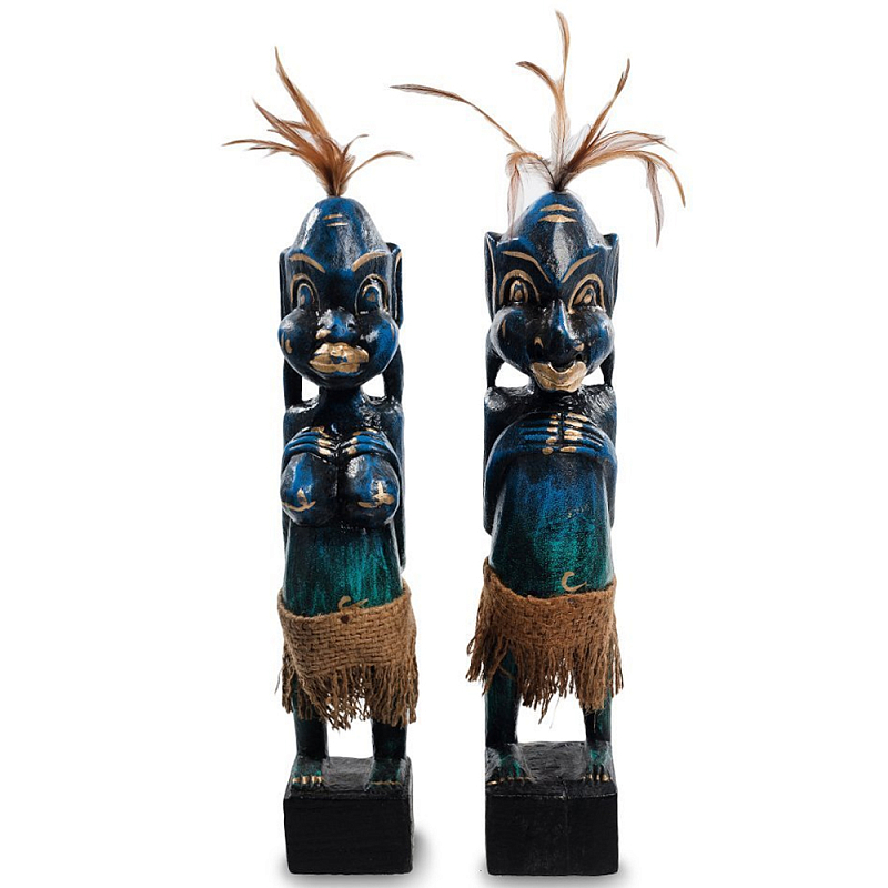 Комплект из 2-х деревянных статуэток Asmat Statuettes Dark Blue Темно-синий Бирюзовый Коричневый Черный Комплект из 2-х деревянных статуэток Asmat Statuettes Dark Blue Темно-синий Бирюзовый Коричневый Черный в Орле | Loft Concept