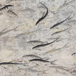 Обои ручная роспись Fishes Original colourway on Tarnished Silver gilded tea paper with pearlescent antiquing