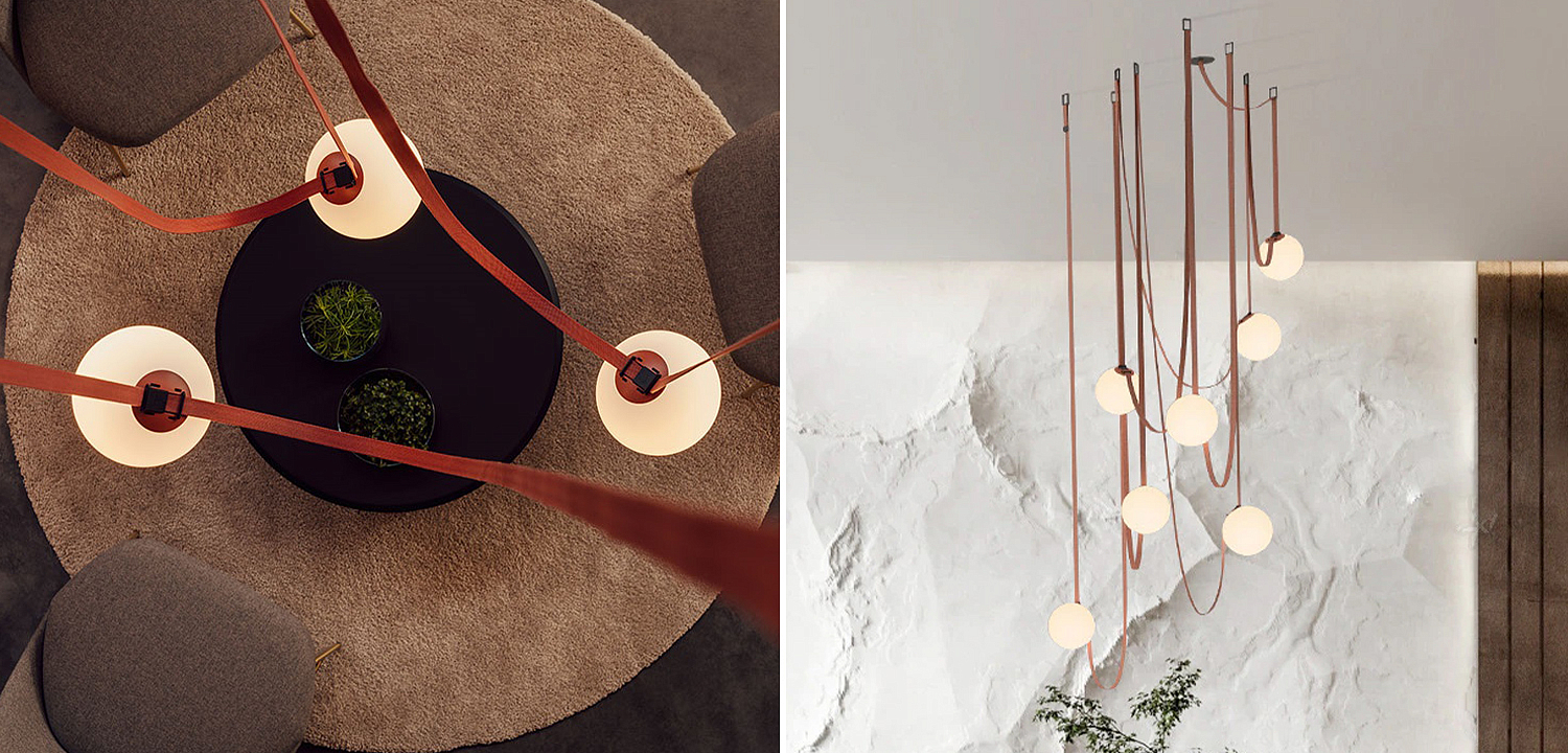 Vibia PLUSMINUS Серия подвесных светильников с белыми шарообразными плафонами из стекла на красных текстильных ремнях Vibia PLUSMINUS Серия подвесных светильников с белыми шарообразными плафонами из стекла на красных текстильных ремнях - Loft-Concept в Орле