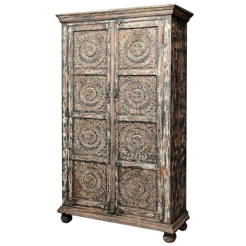 Индийский шкаф с орнаментом резьба из дерева Indian Antique Furniture  Серый в Орле | Loft Concept 