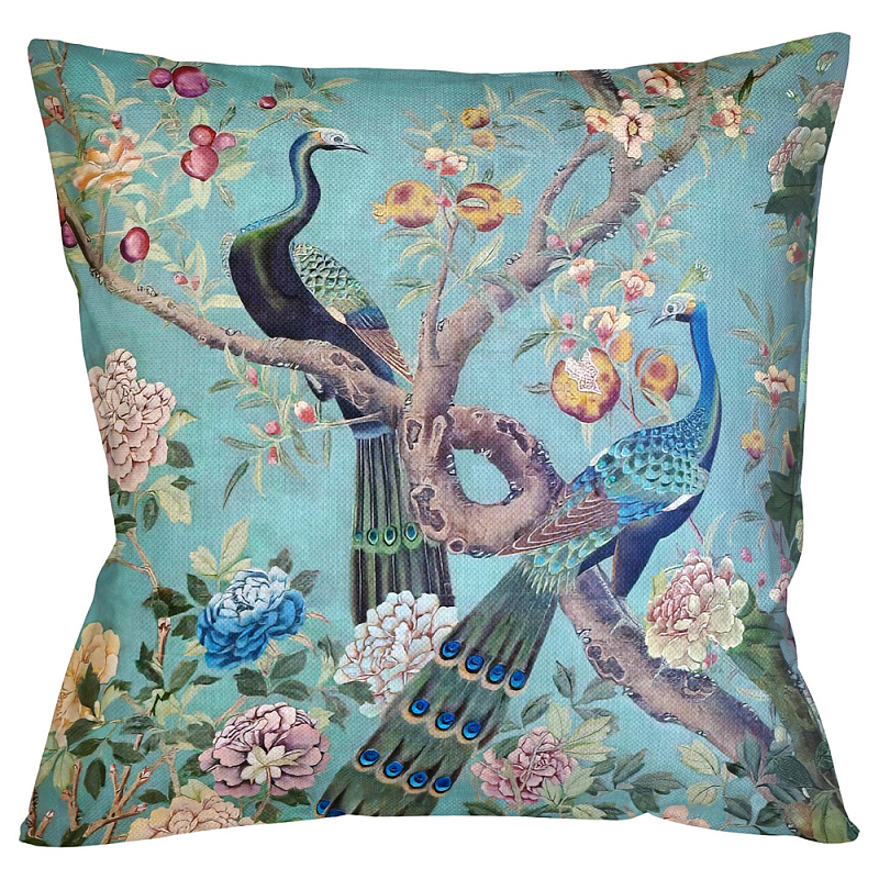 Подушка декоративная с изображением птиц в саду Chinoiserie Garden Two Peacocks Cushion Бирюзовый Мульти Подушка декоративная с изображением птиц в саду Chinoiserie Garden Two Peacocks Cushion Бирюзовый Мульти в Орле | Loft Concept