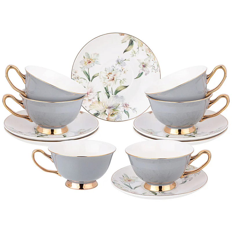 Чайный набор из фарфора на 6 персон Grey Tea Porcelain Set Белый Золотой Серый в Орле | Loft Concept 