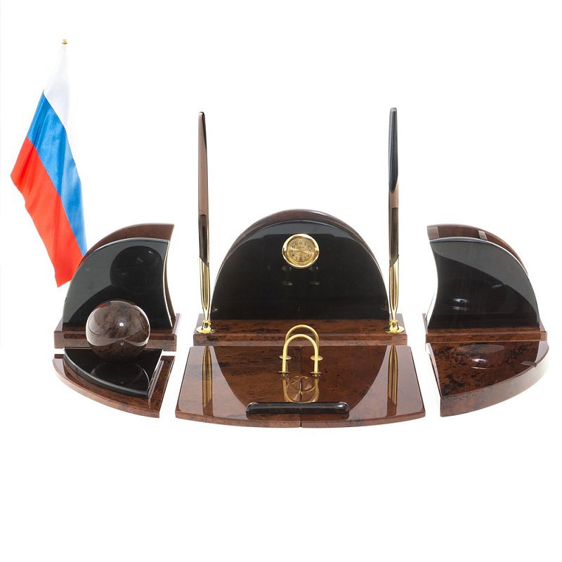 Настольный письменный набор с часами из природного камня обсидиана Oval Office Коричневый Бронза Настольный письменный набор с часами из природного камня обсидиана Oval Office Коричневый Бронза в Орле | Loft Concept