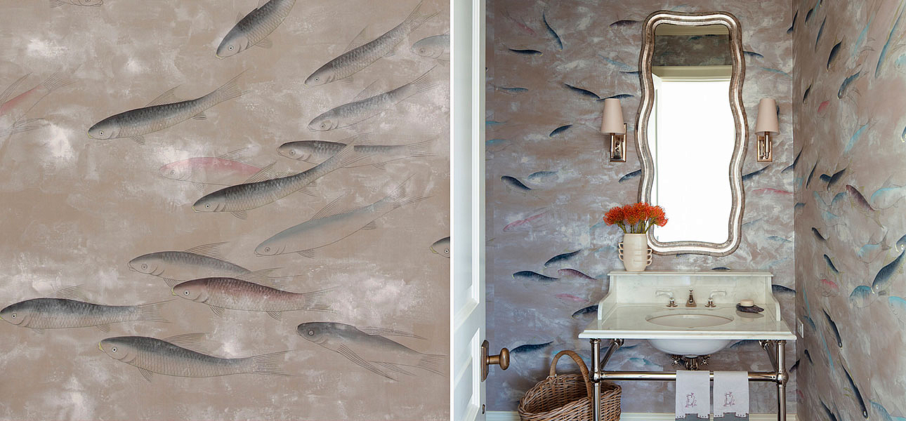 Обои ручная роспись Fishes Blue Pearl on Lead Grey dyed silk with antiquing Обои ручная роспись Fishes Blue Pearl on Lead Grey dyed silk with antiquing - Loft-Concept в Орле
