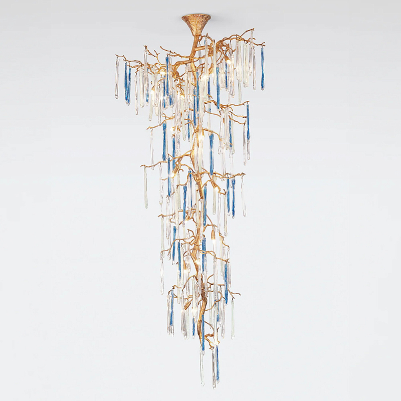 Люстра каскадная с прозрачными и голубыми подвесками в форме капель Droplet Chandelier Золотой Прозрачный Голубой Люстра каскадная с прозрачными и голубыми подвесками в форме капель Droplet Chandelier Золотой Прозрачный Голубой в Орле | Loft Concept