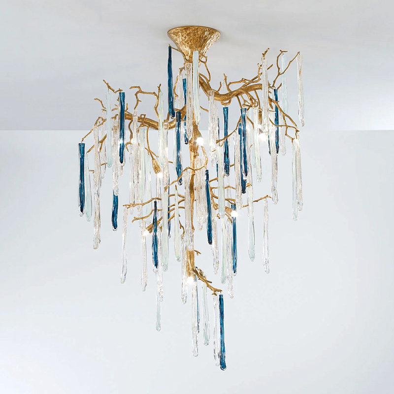 Люстра с прозрачными и голубыми подвесками в форме капель Droplet Chandelier Золотой Прозрачный Синий Люстра с прозрачными и голубыми подвесками в форме капель Droplet Chandelier Золотой Прозрачный Синий в Орле | Loft Concept