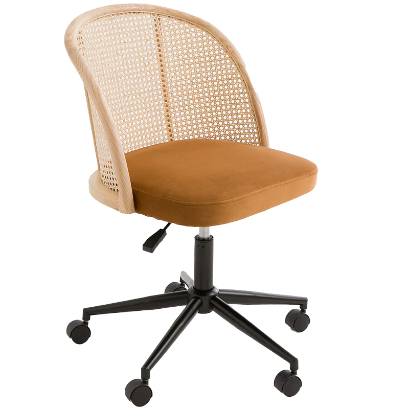 Офисное кресло из велюра и ротанга Eilwen Rattan Wicker Chair Бежевый Карамель Хром Черный Офисное кресло из велюра и ротанга Eilwen Rattan Wicker Chair Бежевый Карамель Хром Черный в Орле | Loft Concept