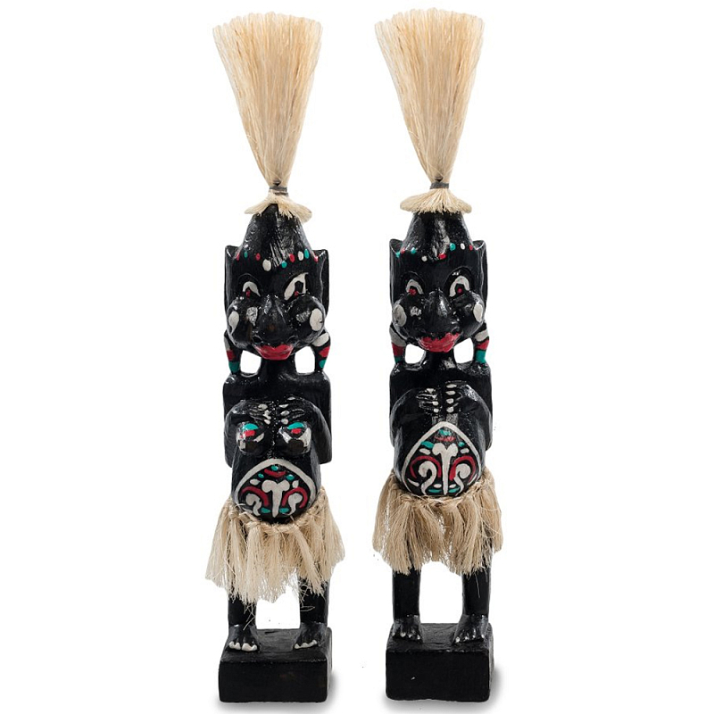 Комплект из 2-х деревянных статуэток Asmat Straw Headdress Statuettes Black Turquoise Черный Бежевый Белый Бирюзовый Мульти Комплект из 2-х деревянных статуэток Asmat Straw Headdress Statuettes Black Turquoise Черный Бежевый Белый Бирюзовый Мульти в Орле | Loft Concept