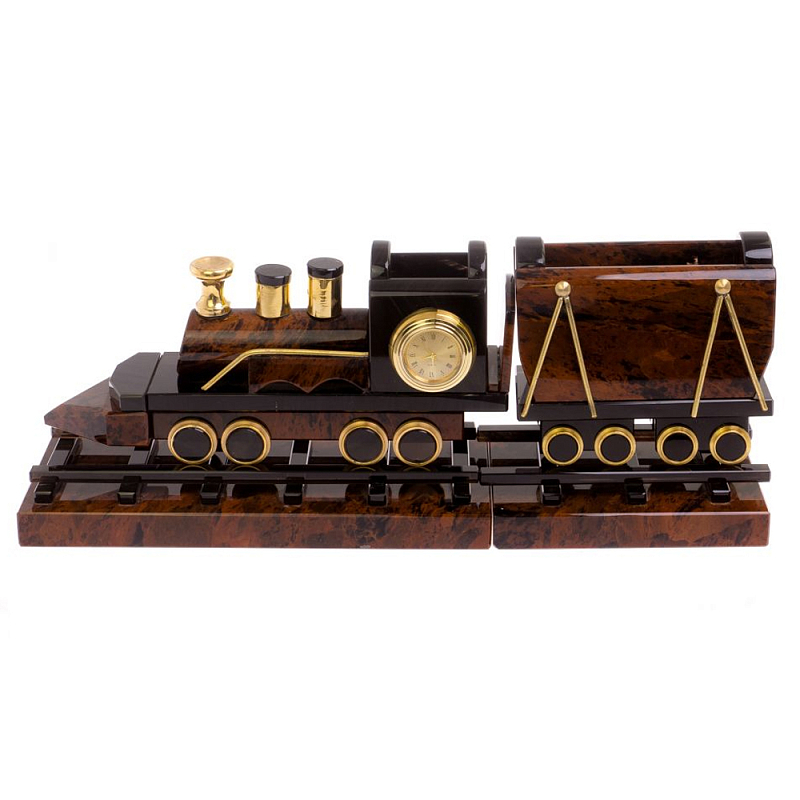 Часы настольные в виде паровоза из натурального камня Обсидиан Train Stone Clock Коричневый Золотой Часы настольные в виде паровоза из натурального камня Обсидиан Train Stone Clock Коричневый Золотой в Орле | Loft Concept