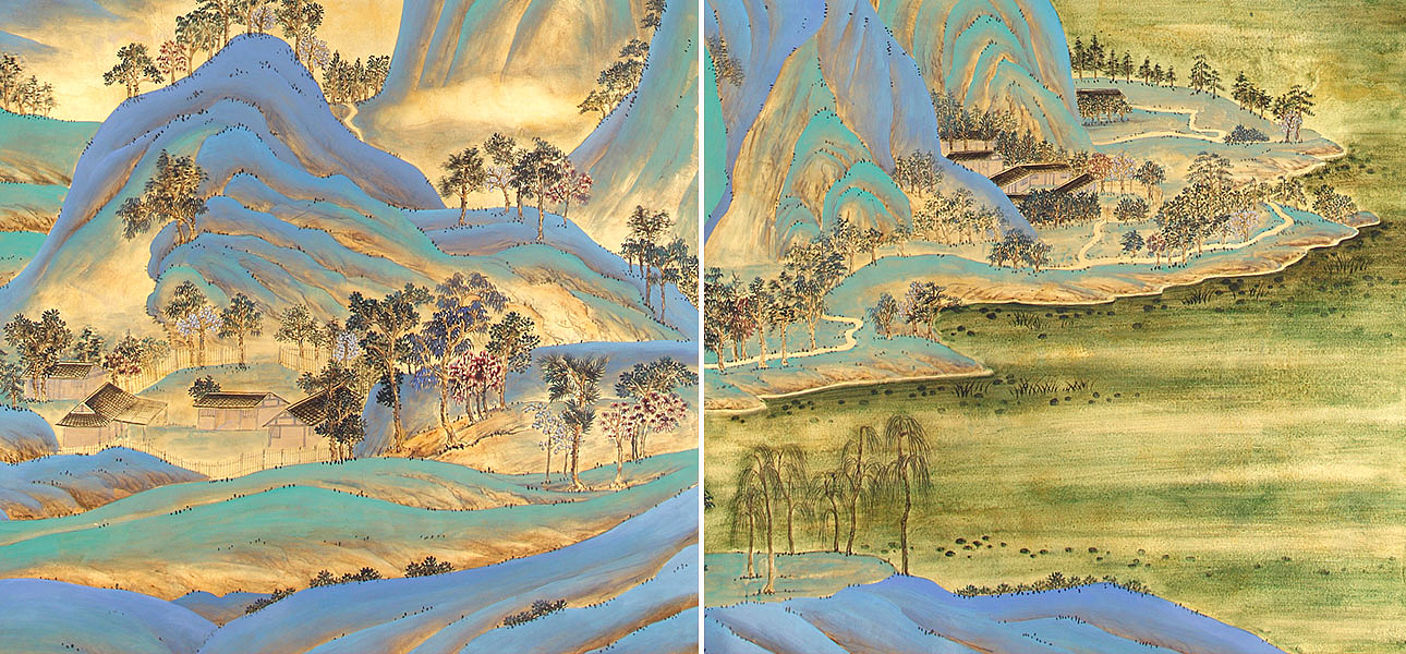 Обои ручная роспись A Thousand Li of Rivers and Mountains Original colourway on Deep Rich Gold gilded paper with gold pearlescent antiquing Обои ручная роспись A Thousand Li of Rivers and Mountains Original colourway on Deep Rich Gold gilded paper with gold pearlescent antiquing - Loft-Concept в Орле