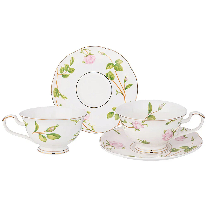 Чайный набор из фарфора белый с цветочным принтом на 2 персоны 4 предмета Flower Porcelain Collection Белый Мульти в Орле | Loft Concept 