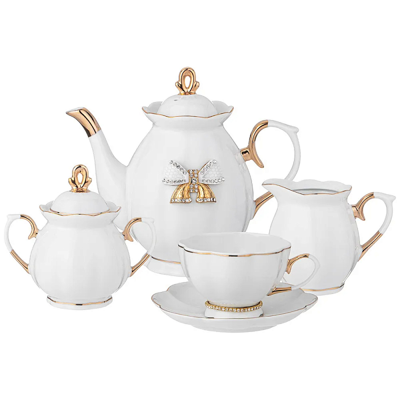 Чайный сервиз из фарфора со стразами на 6 персон 15 предметов Shine Porcelain Белый Золотой в Орле | Loft Concept 