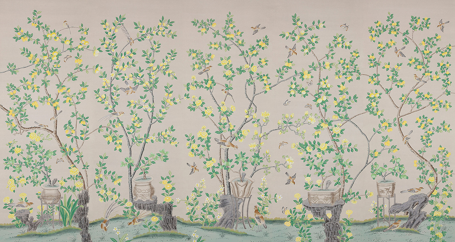 Обои ручная роспись Jardinieres & Citrus Trees Silver metallic Обои ручная роспись Jardinieres & Citrus Trees Silver metallic - Loft-Concept в Орле