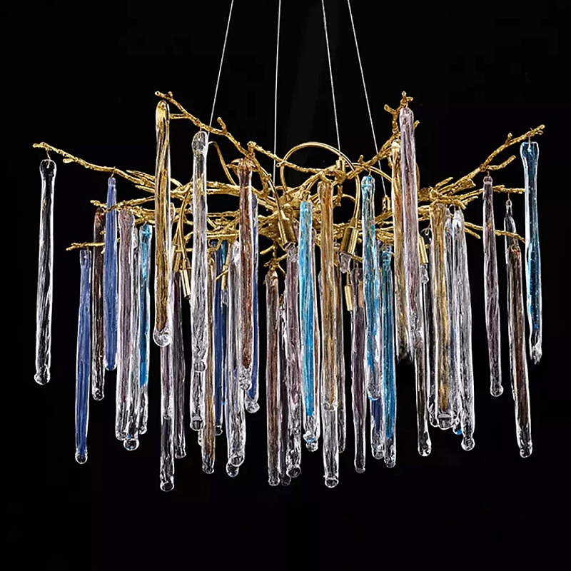 Люстра на подвесе с каркасом из металла и цветными подвесками из стекла Droplet Chandelier Золотой Прозрачный Голубой Янтарный Люстра на подвесе с каркасом из металла и цветными подвесками из стекла Droplet Chandelier Золотой Прозрачный Голубой Янтарный в Орле | Loft Concept