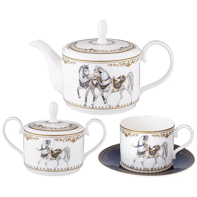 Чайный сервиз из фарфора с изображением лошадей на 6 персон 14 предметов Porcelain Horse Set Белый Синий Чайный сервиз из фарфора с изображением лошадей на 6 персон 14 предметов Porcelain Horse Set Белый Синий в Орле | Loft Concept