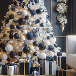 Украшенная Белая Новогодняя Елка с сине-белыми шарами и и муляжами подарков в комплекте варинант исполнения - 2 | Loft Concept в Орле