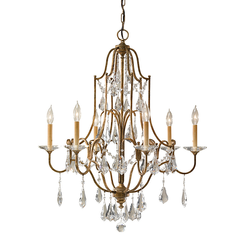 Люстра в бронзовом цвете с 6-ю лампами в форме свечей со стеклянными подвесками в классическом стиле Feiss Бронза Прозрачное Стекло в Орле | Loft Concept 