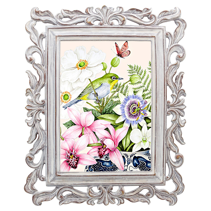 Постер Bird on Exotic Flowers Poster Мульти Белый винтажная патина   в Орле | Loft Concept 