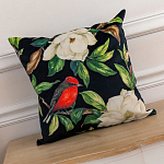 Декоративная подушка чёрная с изображением птиц и цветов Blooming Reds Birds варинант исполнения - 2 | Loft Concept в Орле