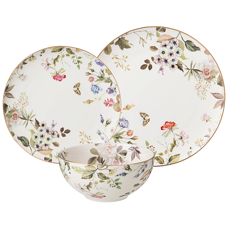 Набор посуды обеденный на 4 персоны 12 предметов Garden Whisper Porcelain Set Белый Мульти Набор посуды обеденный на 4 персоны 12 предметов Garden Whisper Porcelain Set Белый Мульти в Орле | Loft Concept