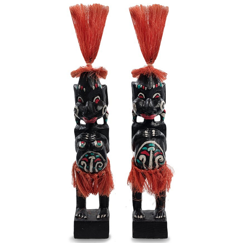 Комплект из 2-х деревянных статуэток Asmat Red Straw Headdress Statuettes Черный Красный Белый Бирюзовый Комплект из 2-х деревянных статуэток Asmat Red Straw Headdress Statuettes Черный Красный Белый Бирюзовый в Орле | Loft Concept