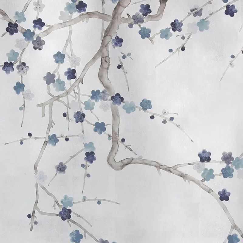 Обои ручная роспись Plum Blossom Inky Hokusai on Sterling Silver gilded silk  в Орле | Loft Concept 