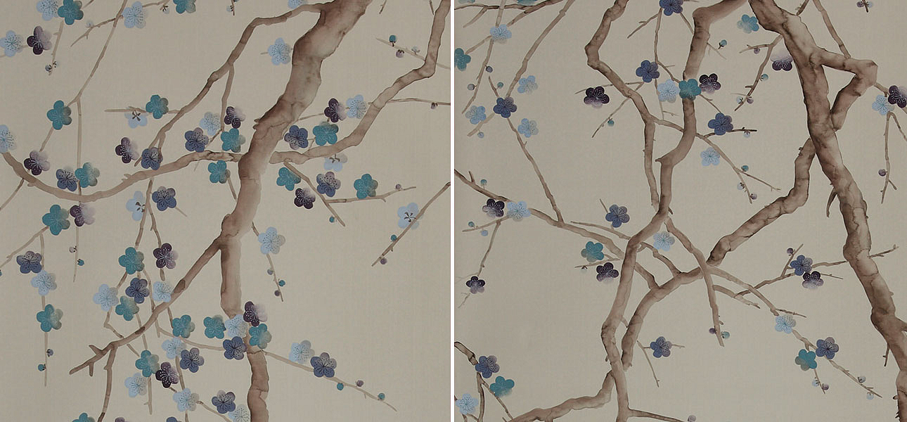 Обои ручная роспись Plum Blossom Colourway SC-81 on Pale Grey dyed silk Обои ручная роспись Plum Blossom Colourway SC-81 on Pale Grey dyed silk - Loft-Concept в Орле